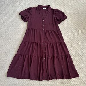 CeCe Short Puff Sleeve Tiered Midi Shirt Dress Burgundy 1X Flowy Cottagecore